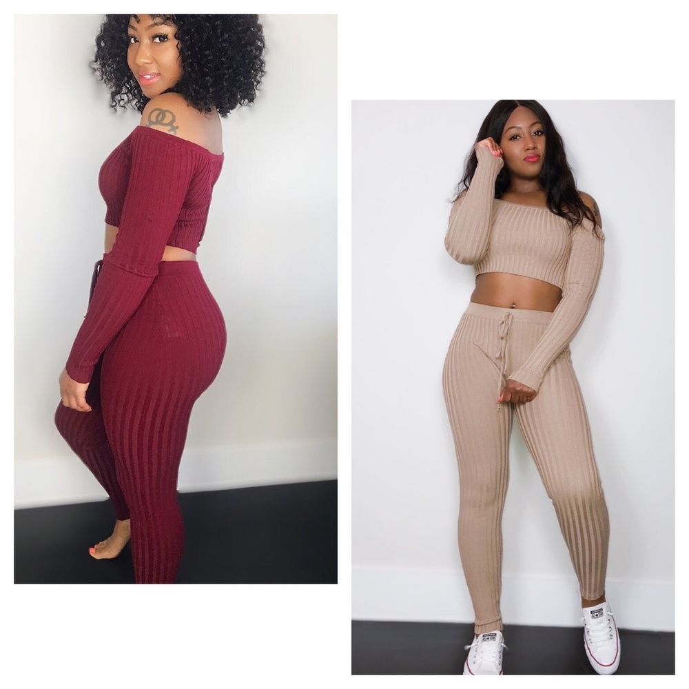 Mocha Two Piece Rib Knit Pant and Crop Top Set